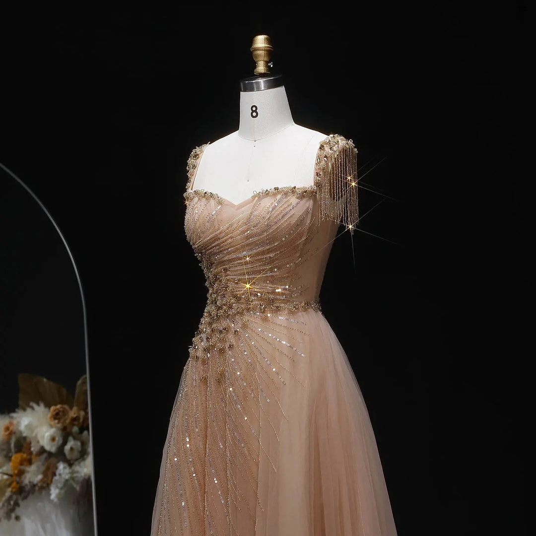 Elegant Champagne Beaded Tulle A-Line Evening Dress SS058-DreamyVow