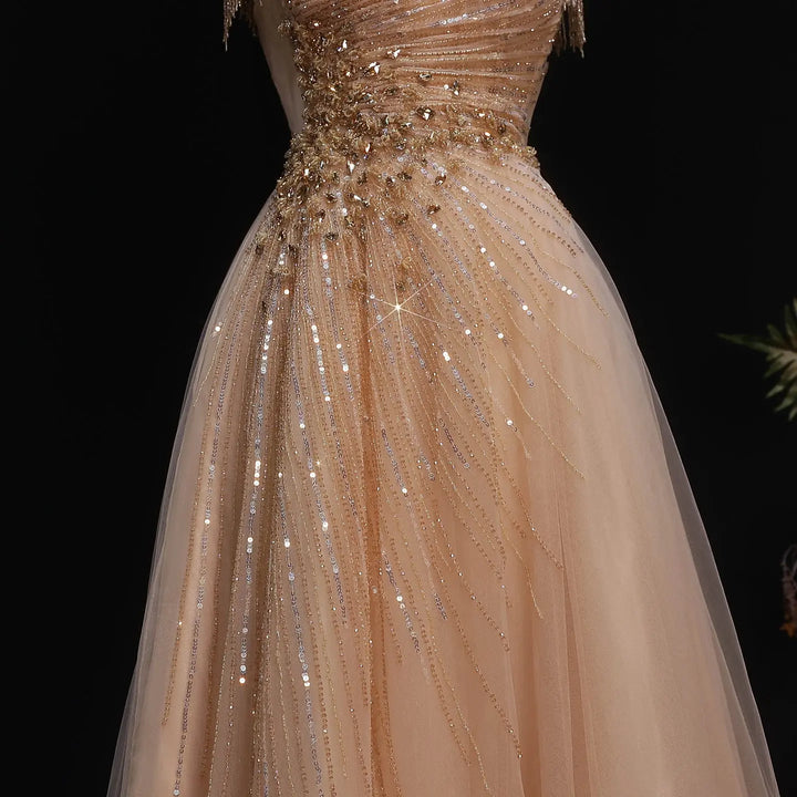 Elegant Champagne Beaded Tulle A-Line Evening Dress SS058-DreamyVow