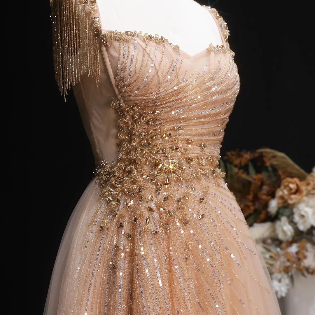 Elegant Champagne Beaded Tulle A-Line Evening Dress SS058-DreamyVow