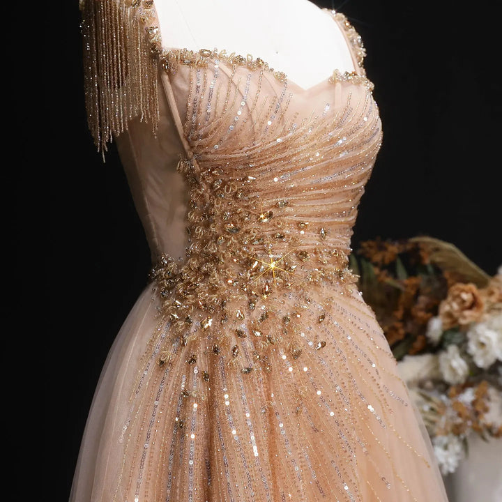Elegant Champagne Beaded Tulle A-Line Evening Dress SS058-DreamyVow