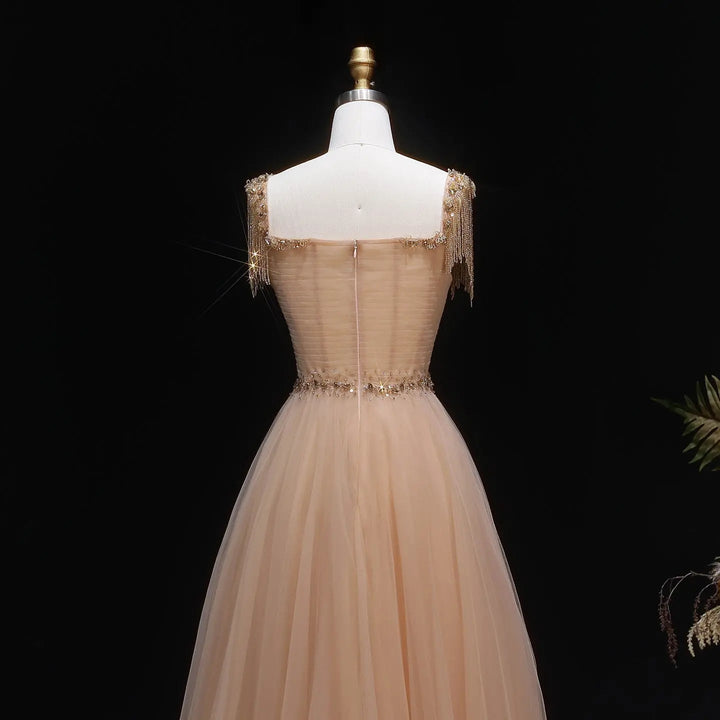 Elegant Champagne Beaded Tulle A-Line Evening Dress SS058-DreamyVow