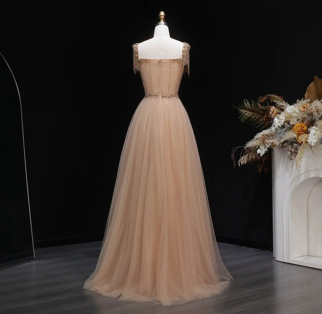 Elegant Champagne Beaded Tulle A-Line Evening Dress SS058-DreamyVow