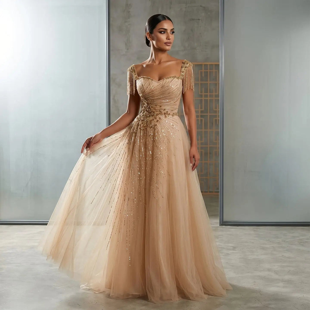 Elegant Champagne Beaded Tulle A-Line Evening Dress SS058-DreamyVow