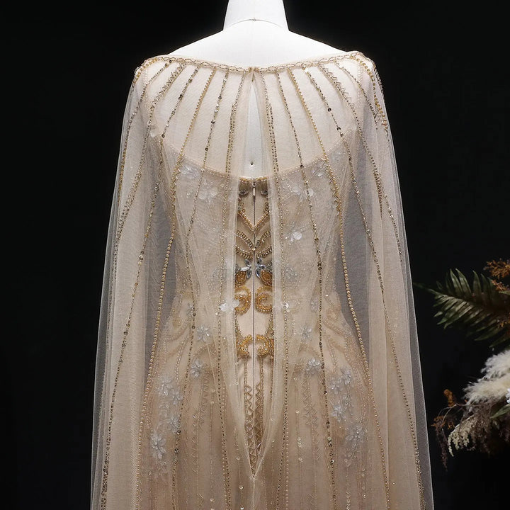 Elegant Champagne Embellished Evening Dress with Cape Sleeves SS538-DreamyVow