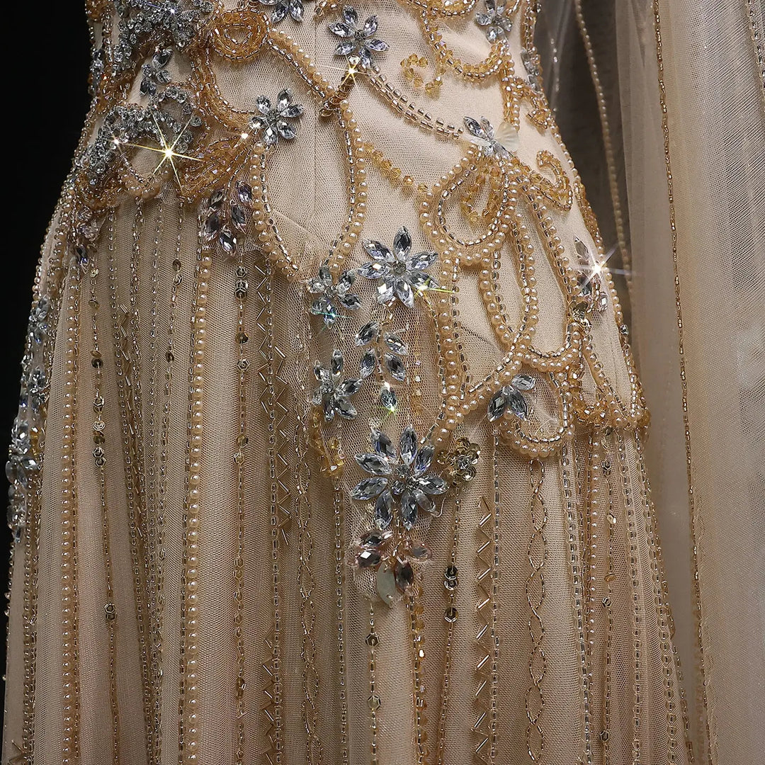 Elegant Champagne Embellished Evening Dress with Cape Sleeves SS538-DreamyVow
