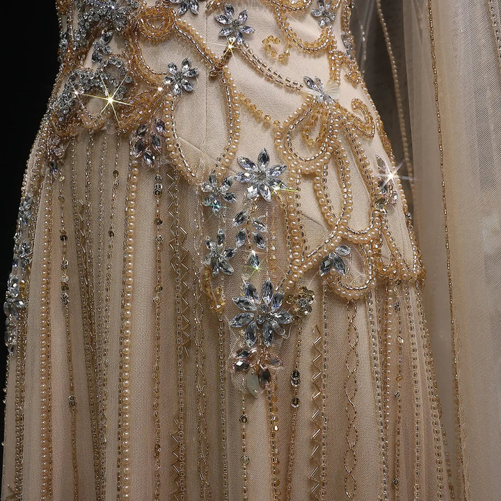 Elegant Champagne Embellished Evening Dress with Cape Sleeves SS538-DreamyVow