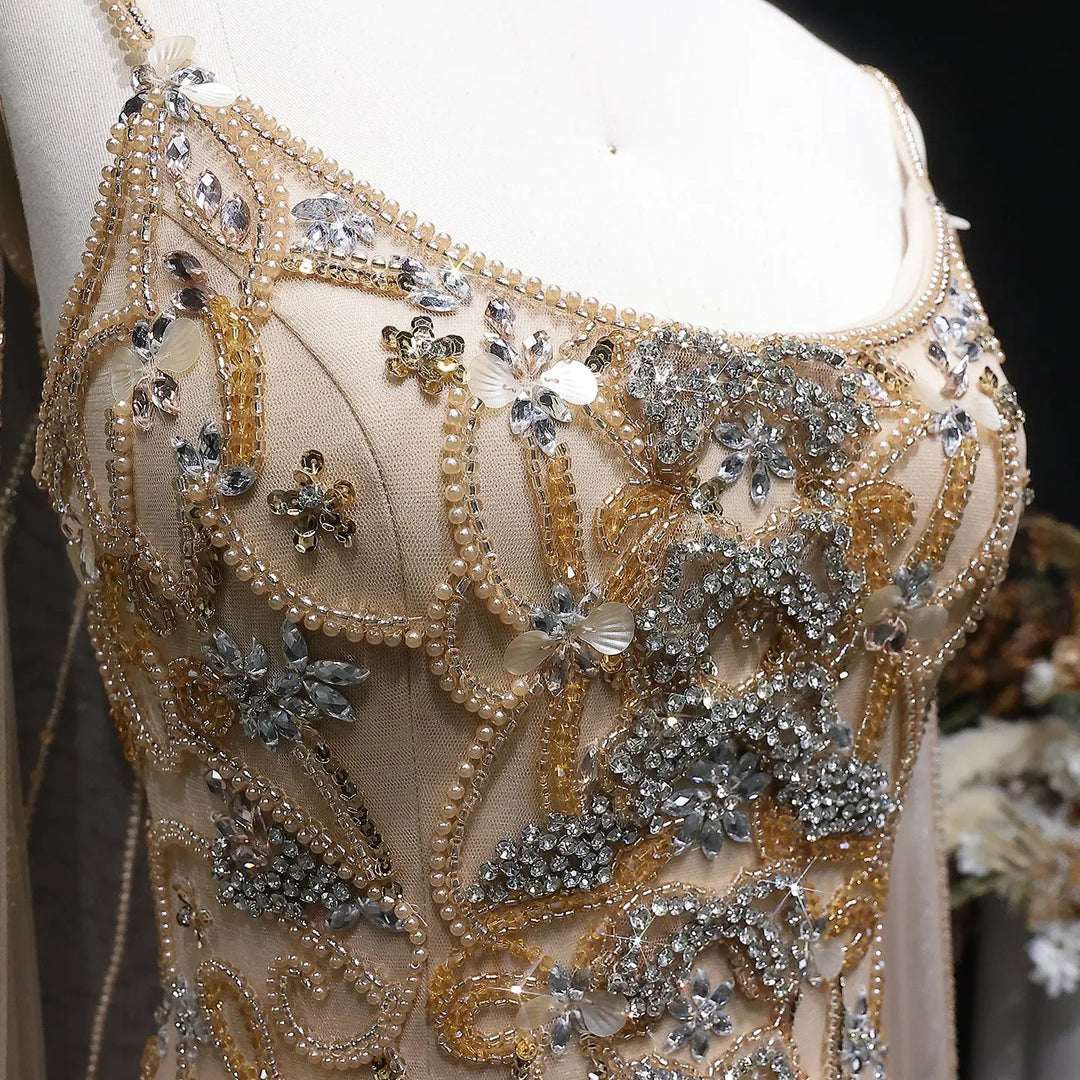 Elegant Champagne Embellished Evening Dress with Cape Sleeves SS538-DreamyVow