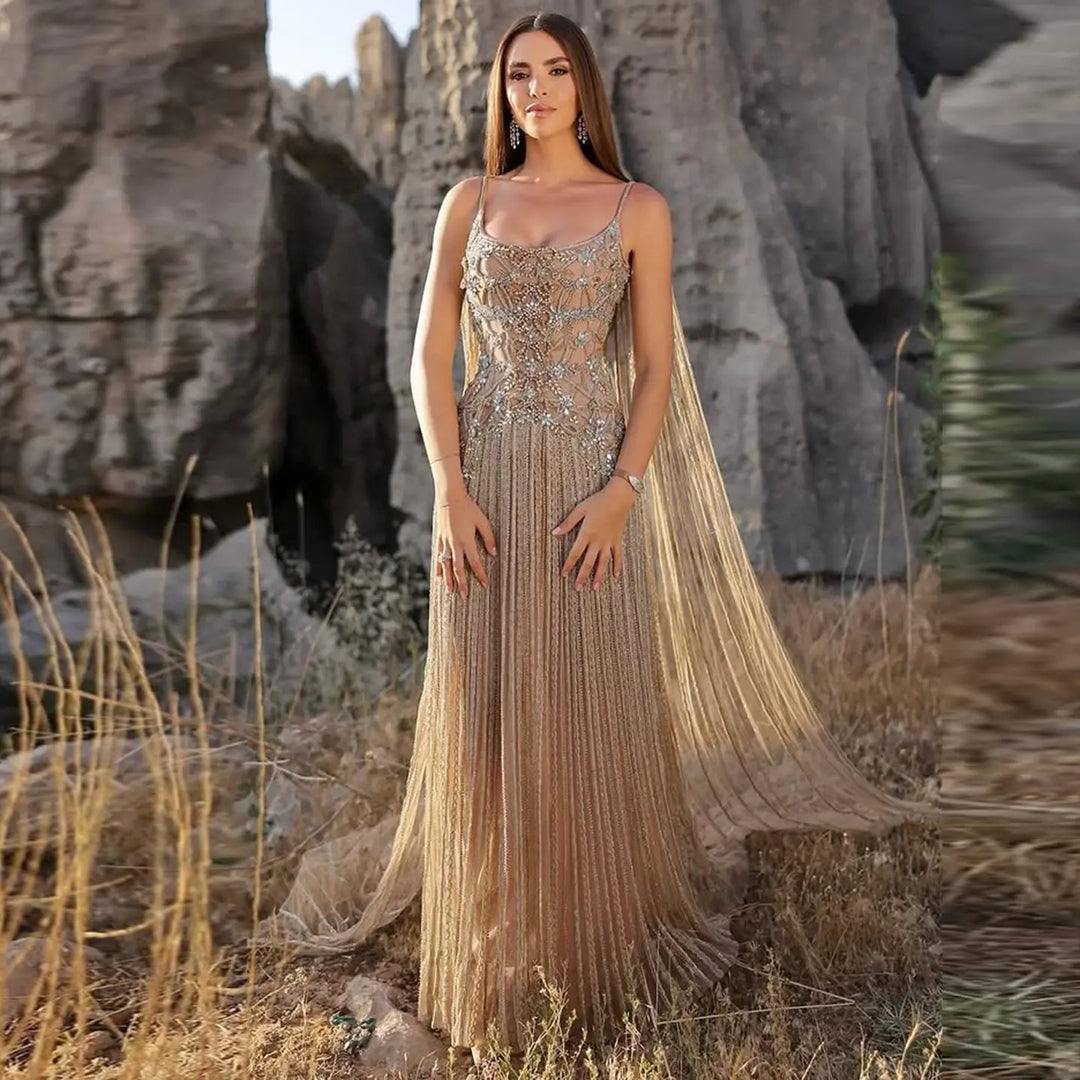 Elegant Champagne Embellished Evening Dress with Cape Sleeves SS538 DreamyVow Elegant Champagne Embellished Evening Dress with Cape Sleeves SS538 DreamyVow