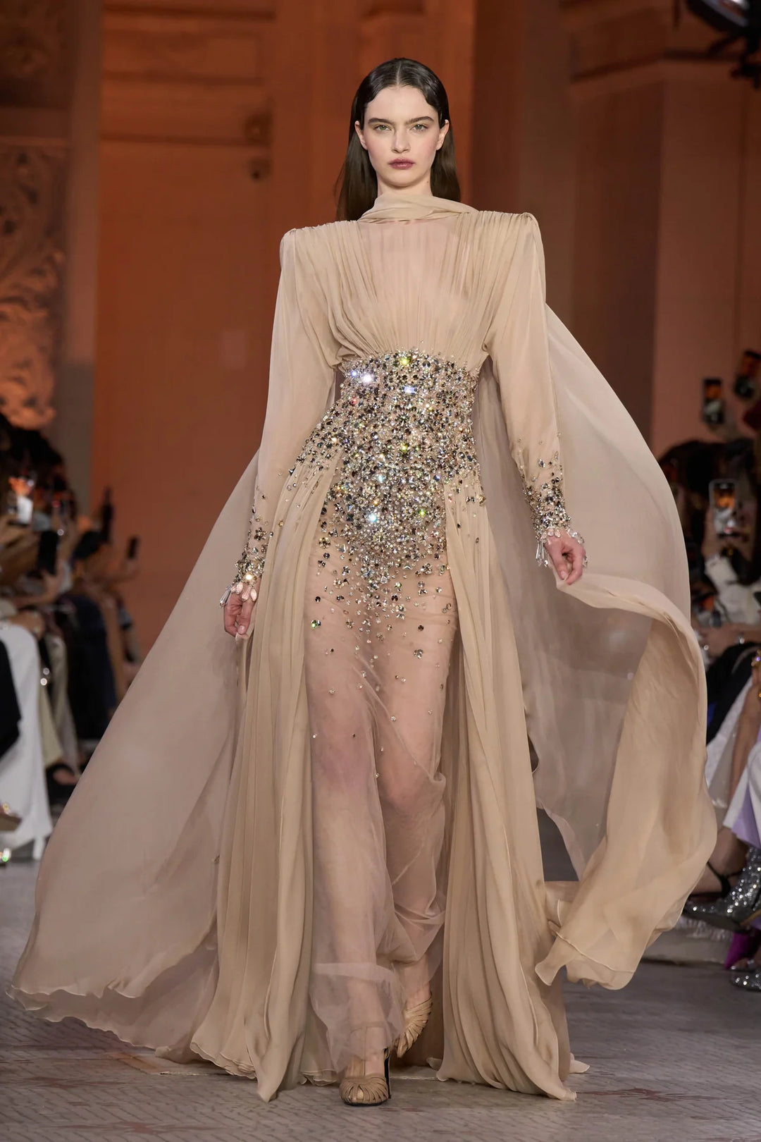 Elegant Champagne Embellished Evening Dress with Draped Cape SS533