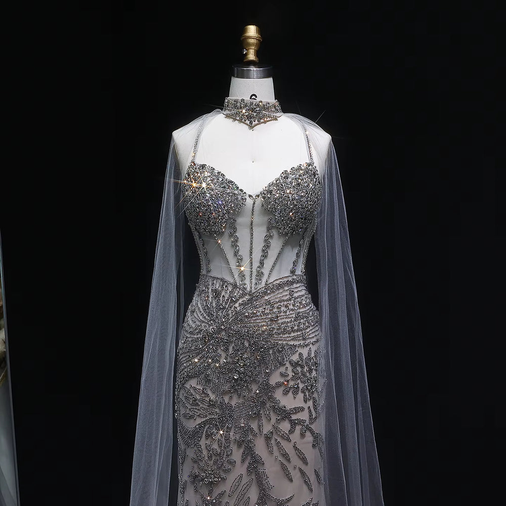 Elegant Champagne Evening Dress with Flowing Cape SS071