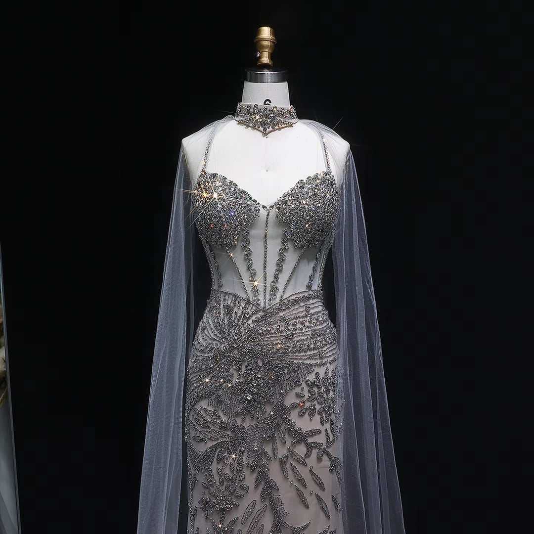 Elegant Champagne Evening Dress with Flowing Cape SS071