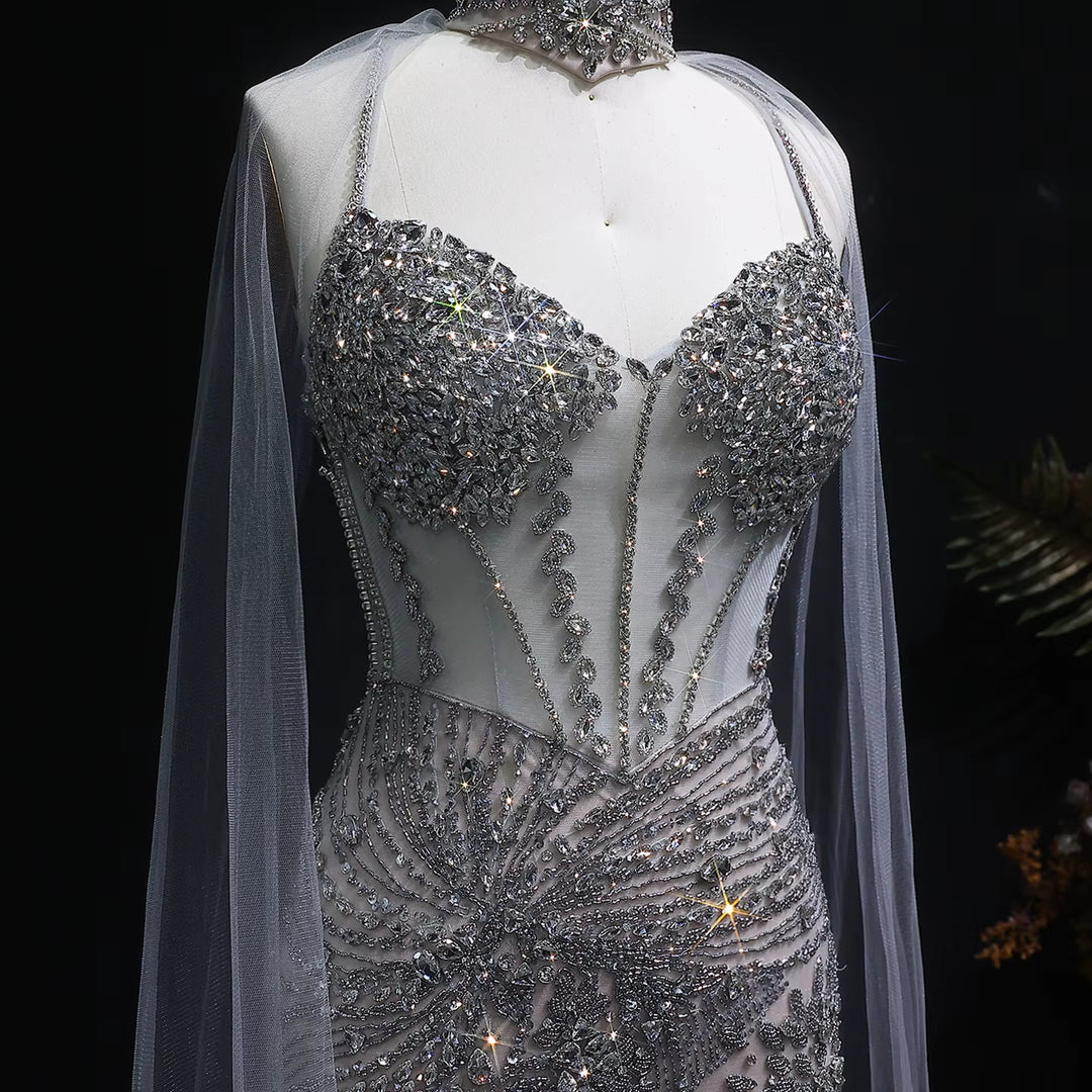 Elegant Champagne Evening Dress with Flowing Cape SS071