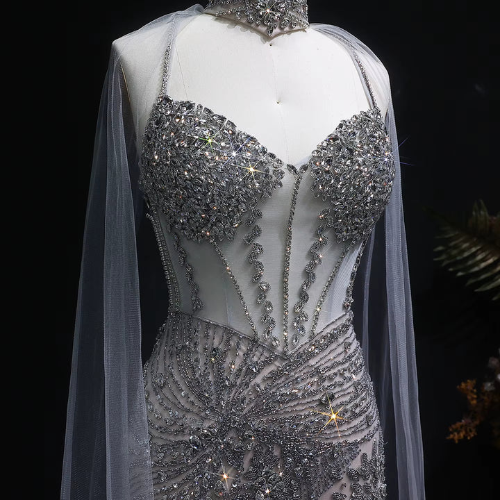 Elegant Champagne Evening Dress with Flowing Cape SS071