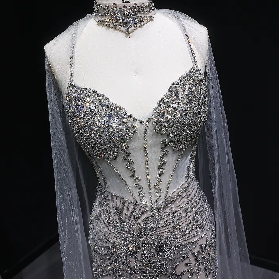 Elegant Champagne Evening Dress with Flowing Cape SS071
