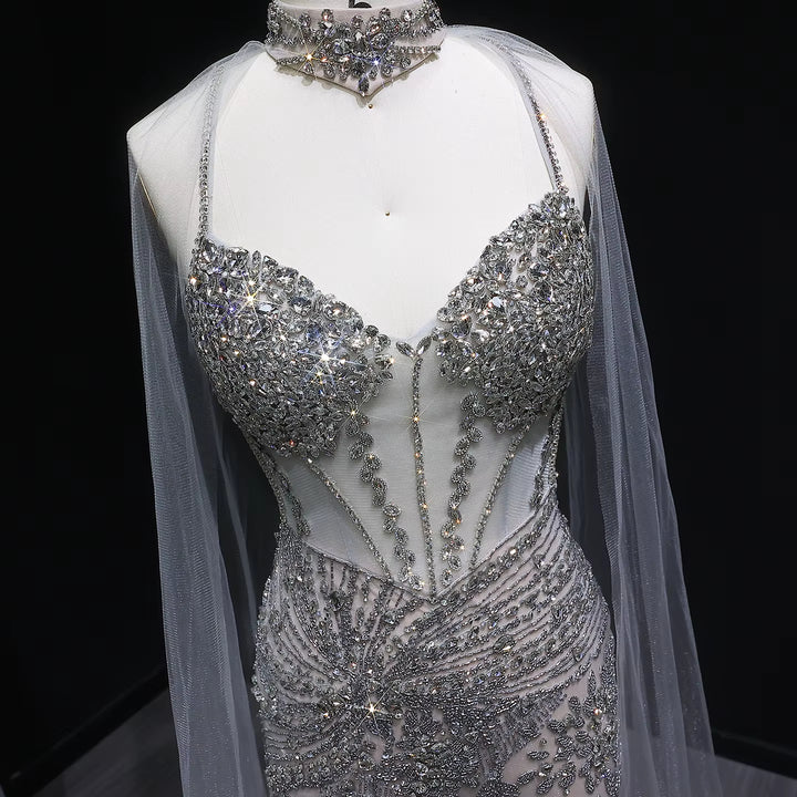 Elegant Champagne Evening Dress with Flowing Cape SS071