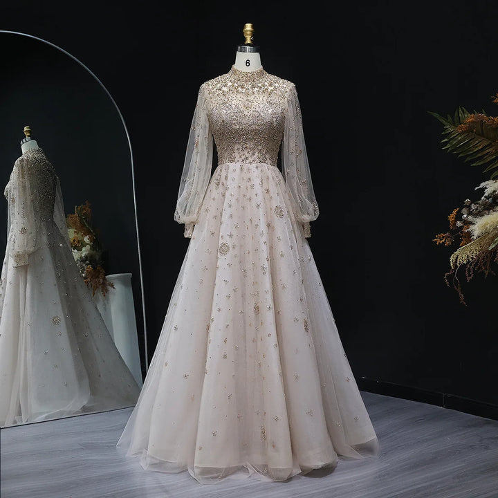 Elegant Champagne Evening Dress with Long Sleeves SS223