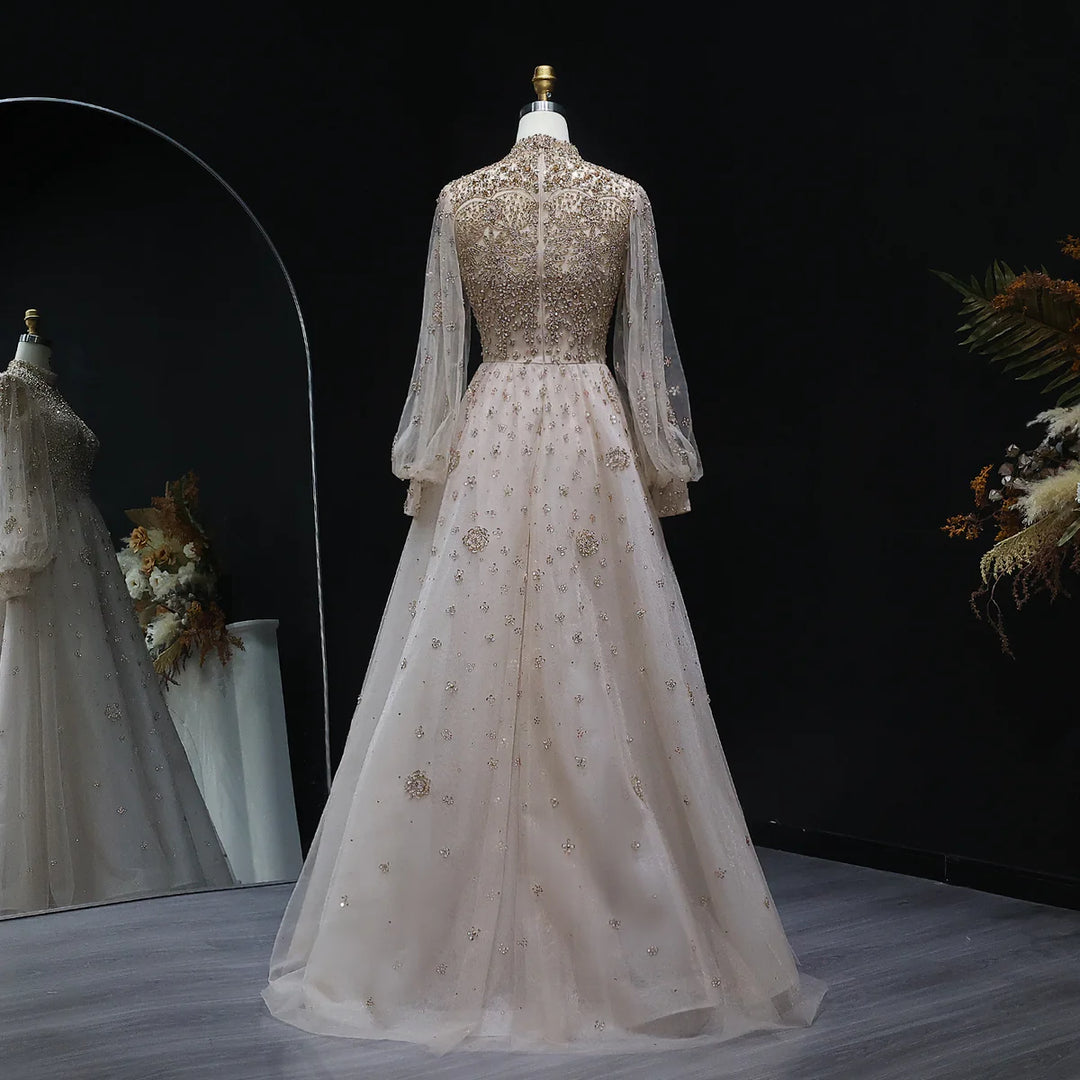 Elegant Champagne Evening Dress with Long Sleeves SS223 DreamyVow Elegant Champagne Evening Dress with Long Sleeves SS223 DreamyVow