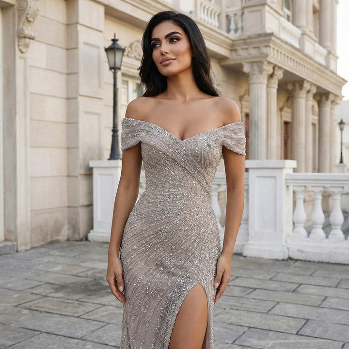 Elegant Champagne Sequin Bead Off-Shoulder Evening Dress SS007-DreamyVow