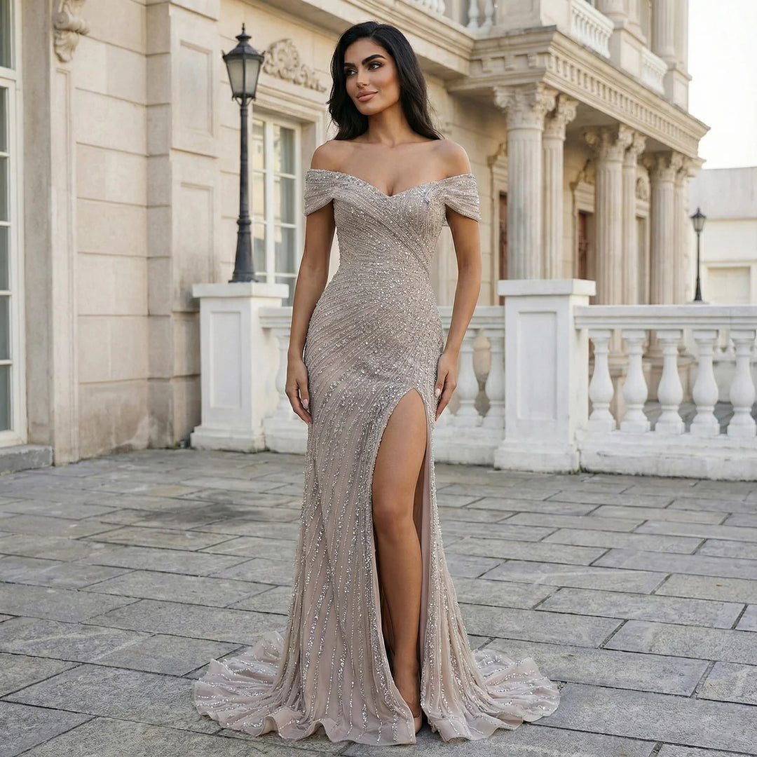 Elegant Champagne Sequin Bead Off-Shoulder Evening Dress SS007 Elegant Champagne Sequin Bead Off-Shoulder Evening Dress SS007