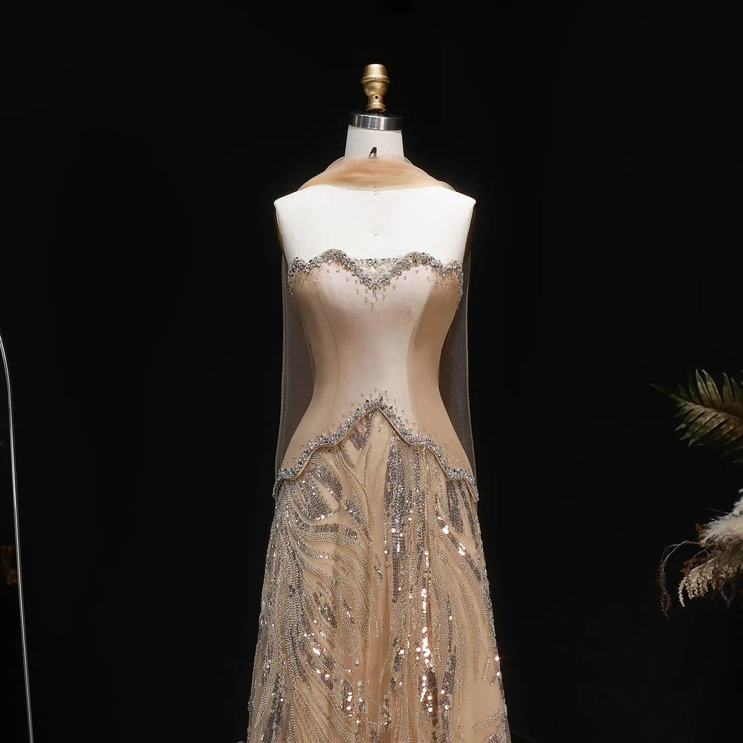 Elegant Champagne Strapless Beaded Evening Dress with Shawl SS132-DreamyVow