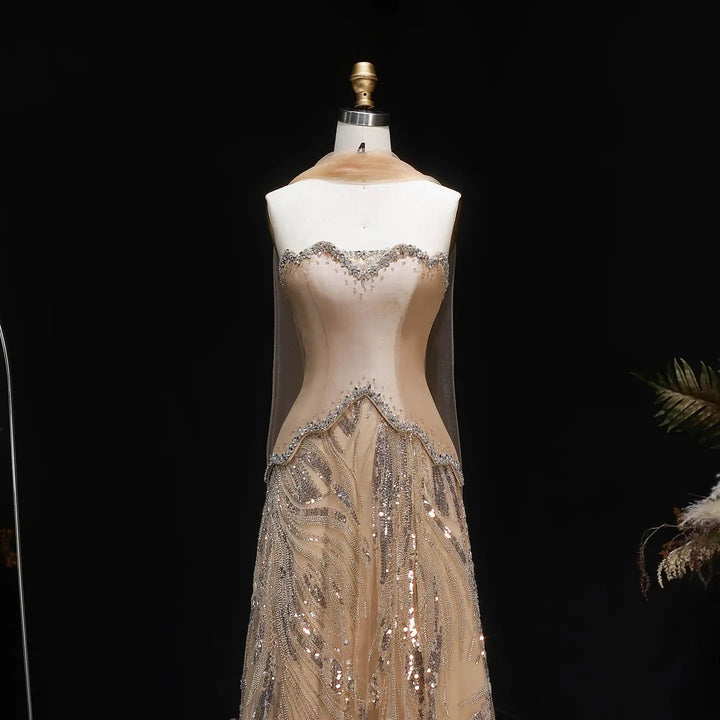 Elegant Champagne Strapless Beaded Evening Dress with Shawl SS132-DreamyVow