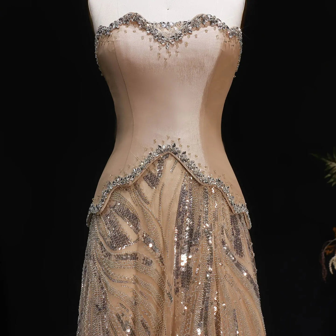 Elegant Champagne Strapless Beaded Evening Dress with Shawl SS132 DreamyVow Elegant Champagne Strapless Beaded Evening Dress with Shawl SS132 DreamyVow