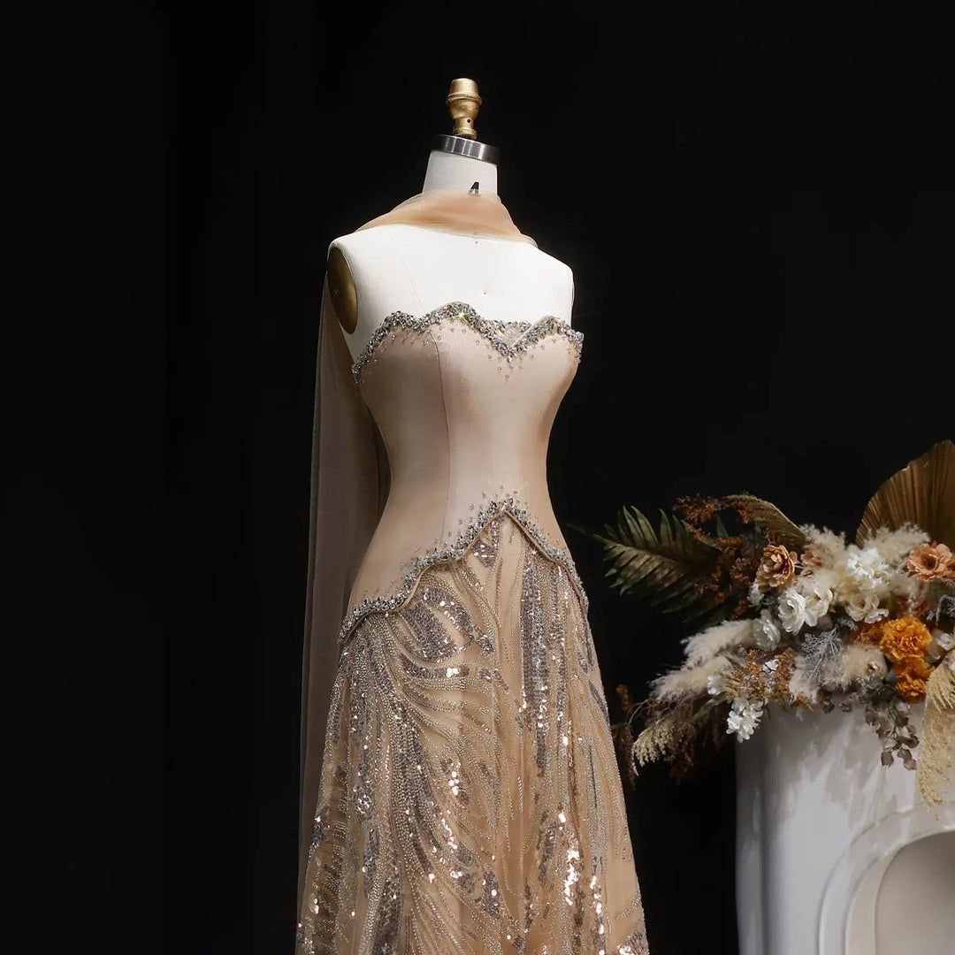 Elegant Champagne Strapless Beaded Evening Dress with Shawl SS132-DreamyVow