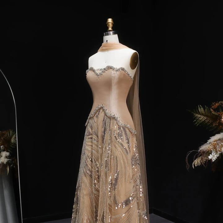 Elegant Champagne Strapless Beaded Evening Dress with Shawl SS132-DreamyVow