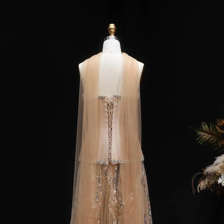Elegant Champagne Strapless Beaded Evening Dress with Shawl SS132-DreamyVow
