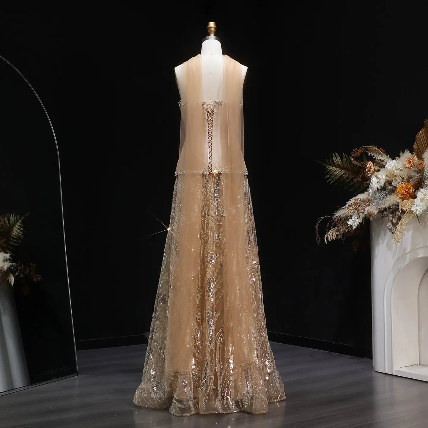 Elegant Champagne Strapless Beaded Evening Dress with Shawl SS132 –  DreamyVow