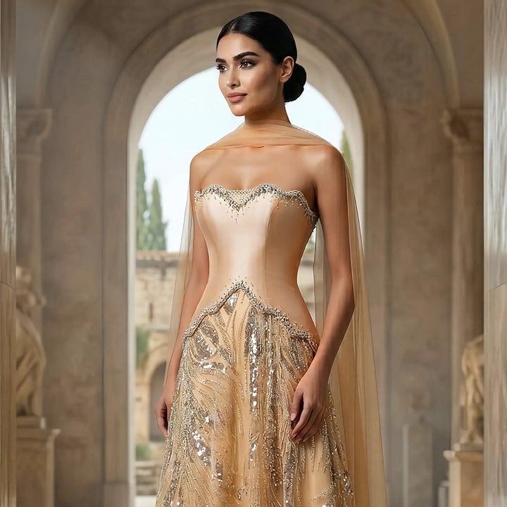 Elegant Champagne Strapless Beaded Evening Dress with Shawl SS132-DreamyVow
