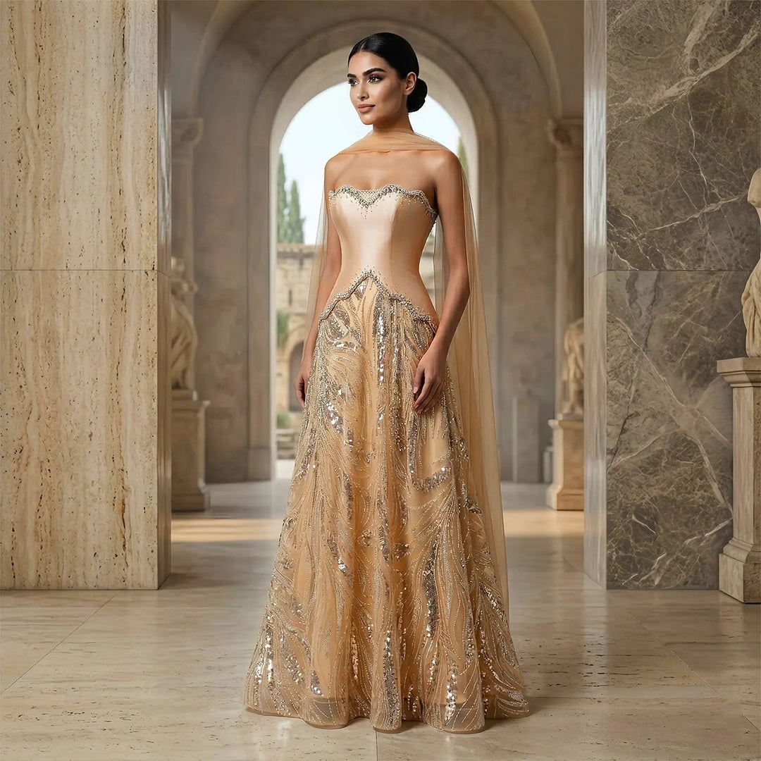 Elegant Champagne Strapless Beaded Evening Dress with Shawl SS132-DreamyVow