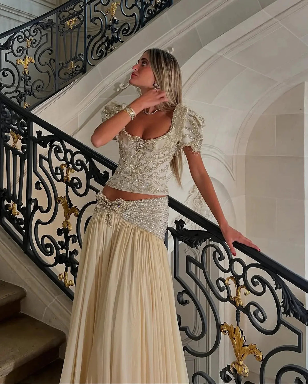 Elegant Champagne Two-Piece Evening Dress with Beaded Crop Top SS544   DreamyVow