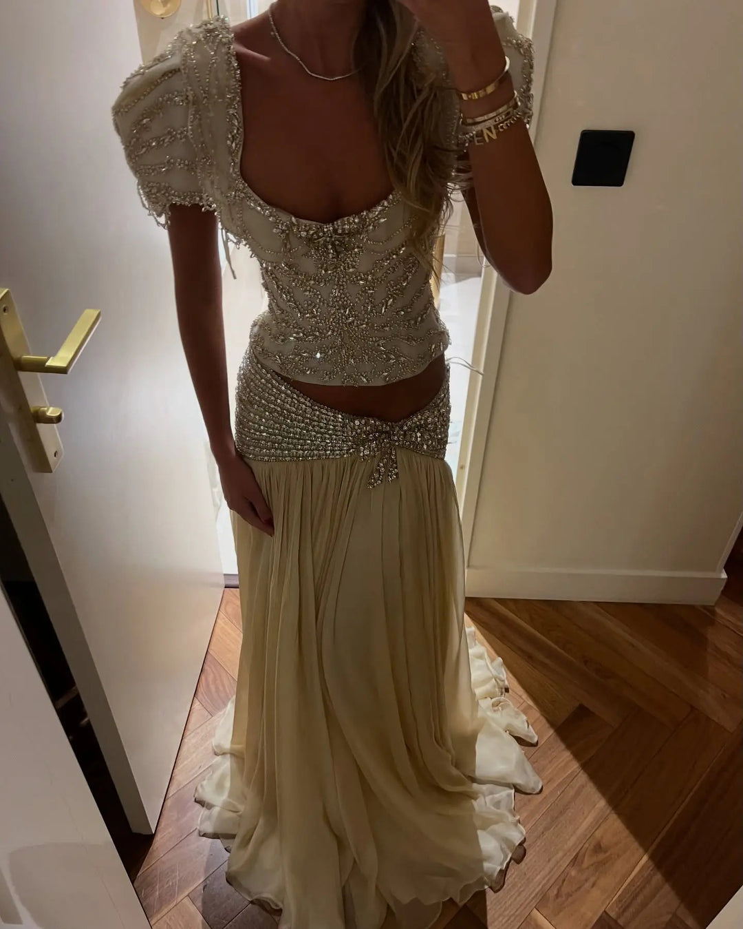 Elegant Champagne Two-Piece Evening Dress with Beaded Crop Top SS544