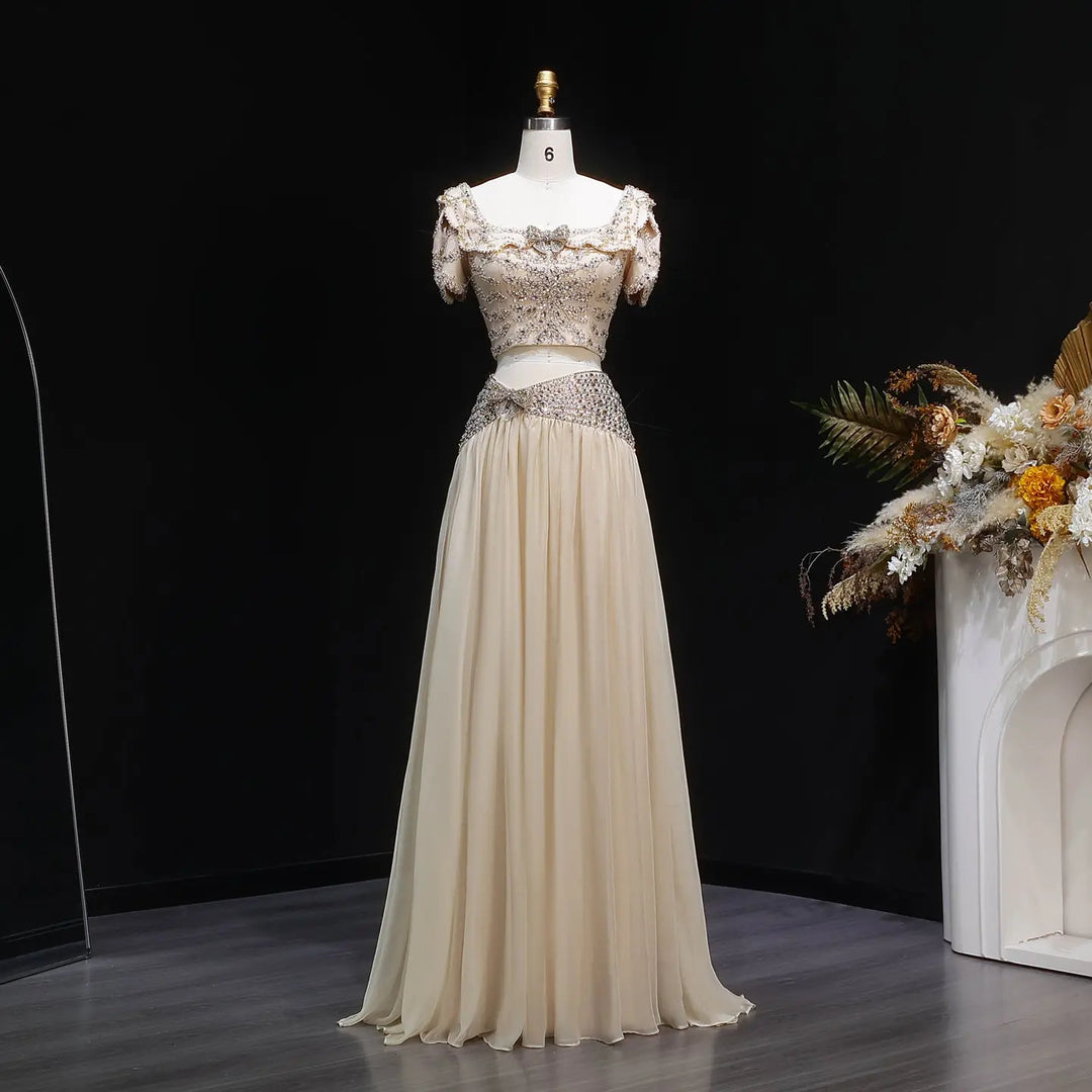 Elegant Champagne Two-Piece Evening Dress with Beaded Crop Top SS544-DreamyVow