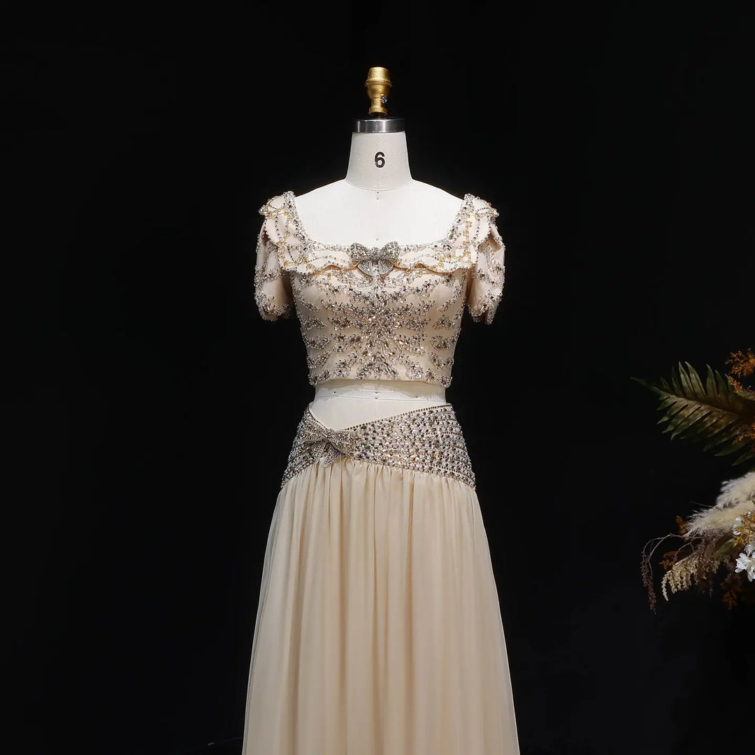 Elegant Champagne Two-Piece Evening Dress with Beaded Crop Top SS544-DreamyVow
