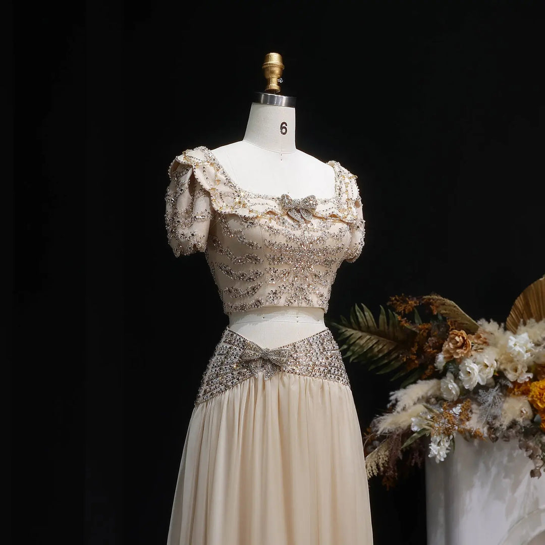 Elegant Champagne Two-Piece Evening Dress with Beaded Crop Top SS544-DreamyVow