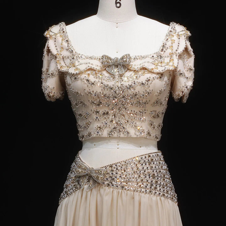 Elegant Champagne Two-Piece Evening Dress with Beaded Crop Top SS544-DreamyVow