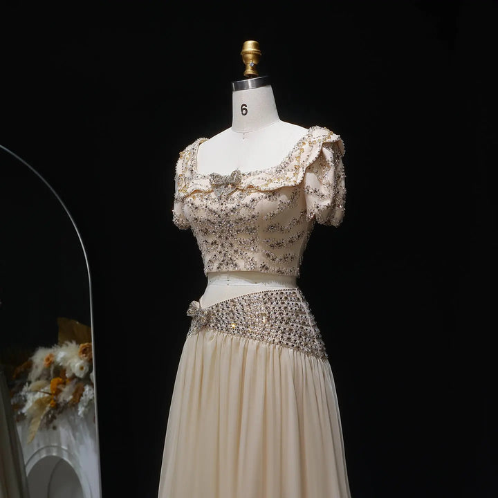 Elegant Champagne Two-Piece Evening Dress with Beaded Crop Top SS544-DreamyVow