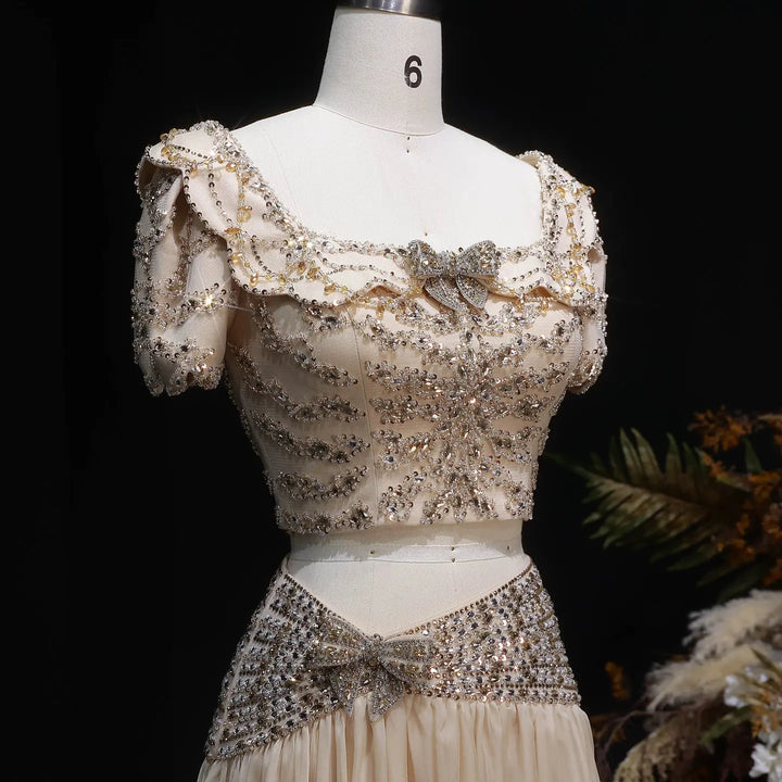 Elegant Champagne Two-Piece Evening Dress with Beaded Crop Top SS544-DreamyVow