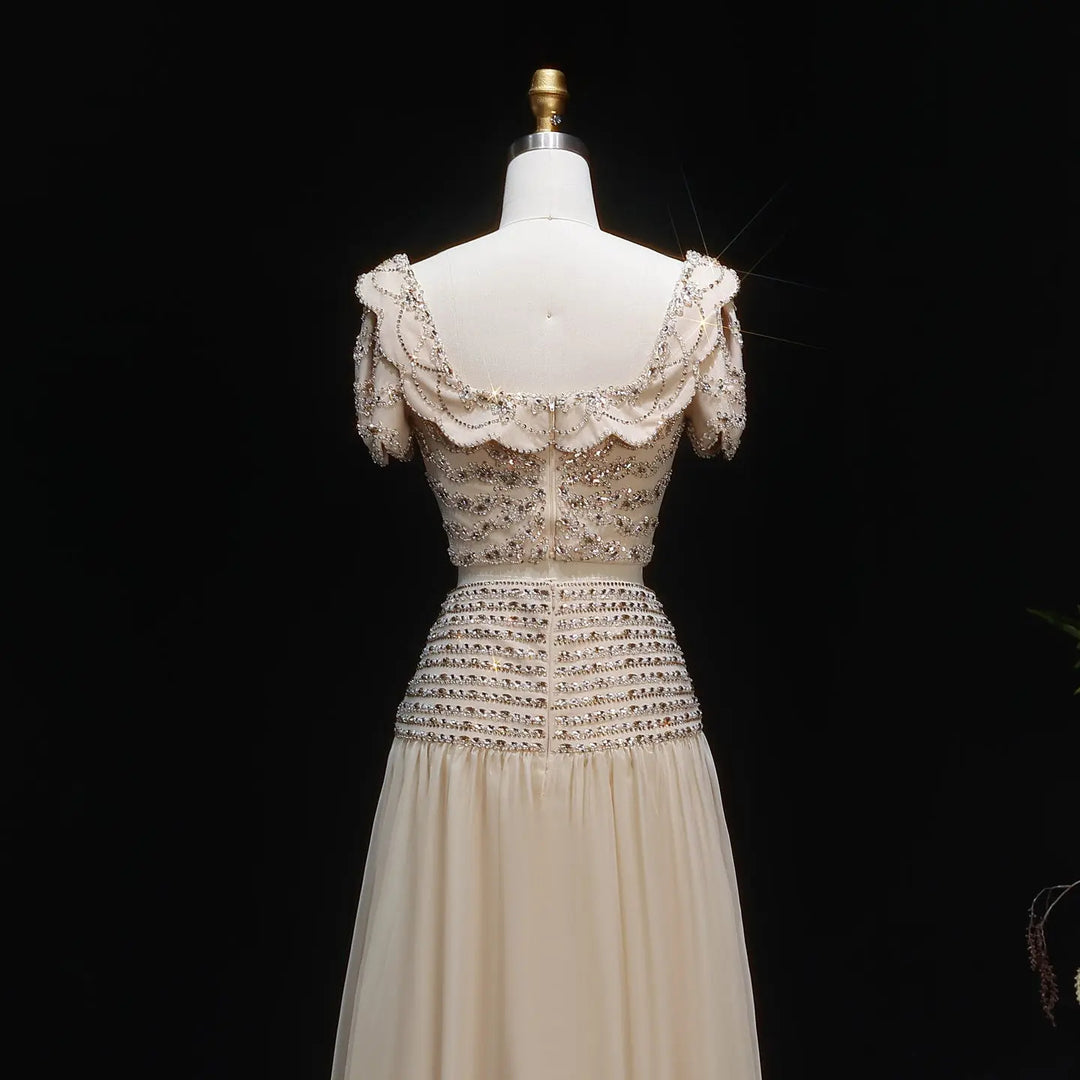 Elegant Champagne Two-Piece Evening Dress with Beaded Crop Top SS544