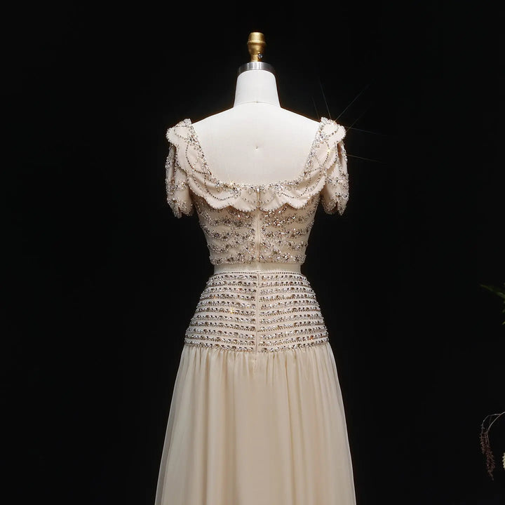 Elegant Champagne Two-Piece Evening Dress with Beaded Crop Top SS544-DreamyVow