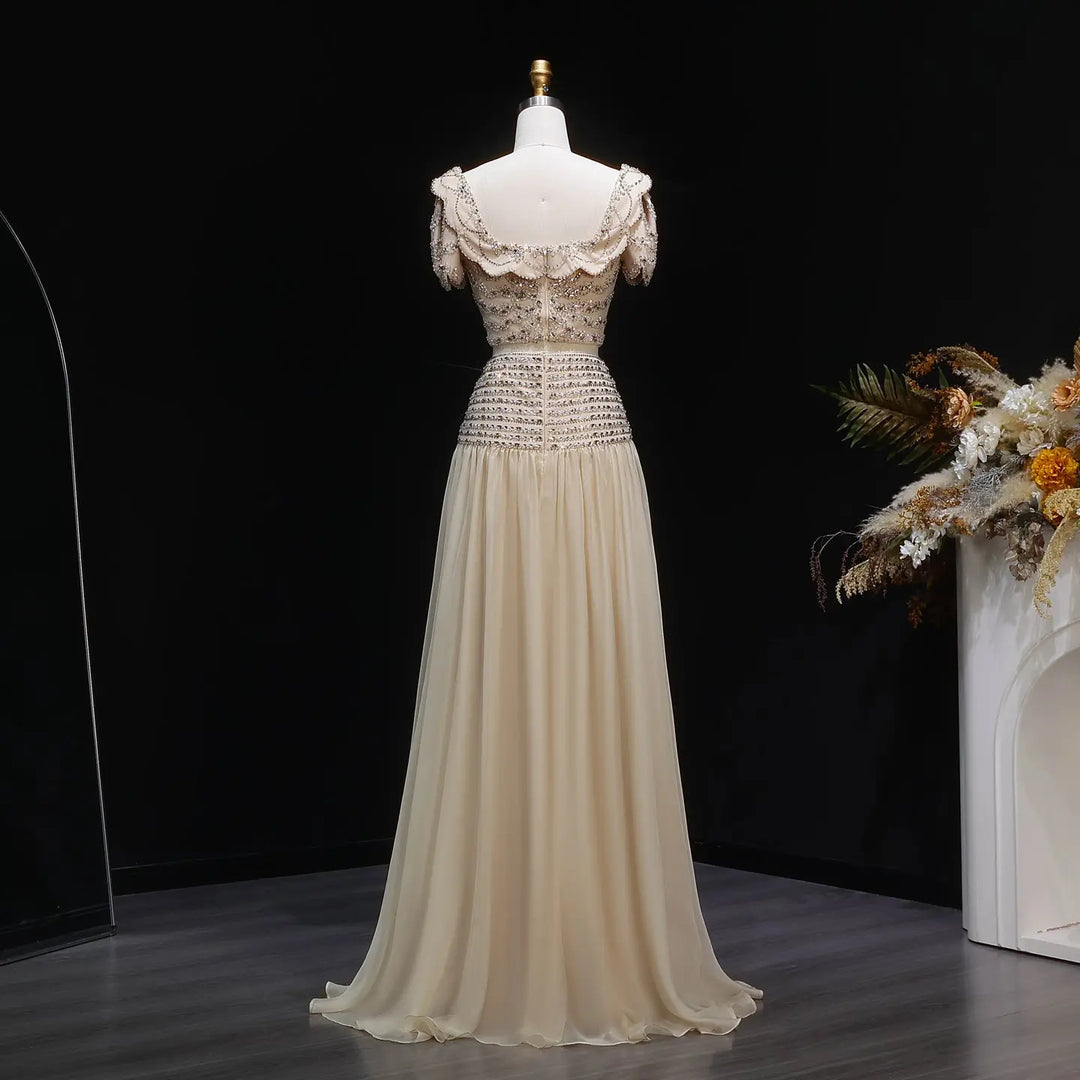 Elegant Champagne Two-Piece Evening Dress with Beaded Crop Top SS544-DreamyVow