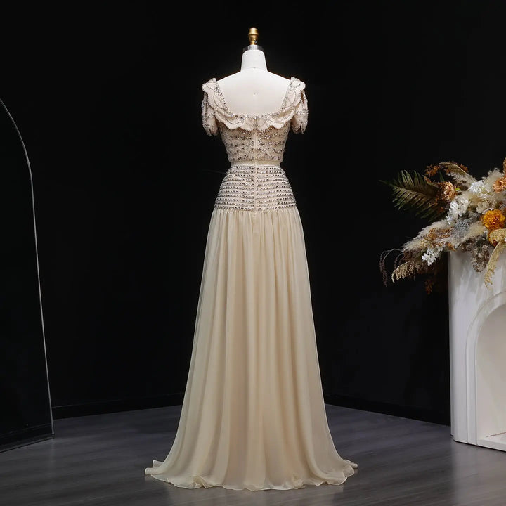 Elegant Champagne Two-Piece Evening Dress with Beaded Crop Top SS544-DreamyVow