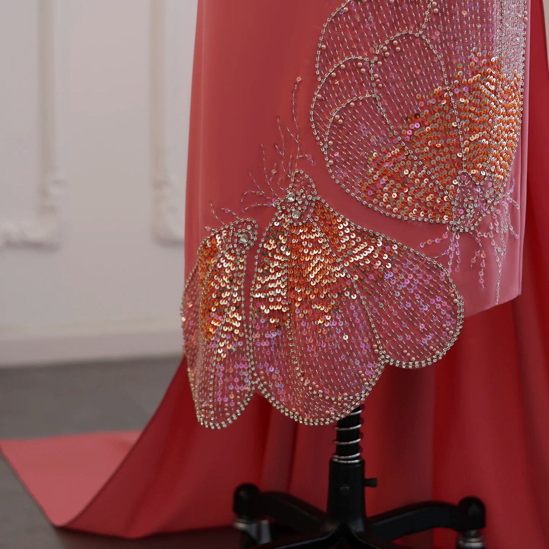 Elegant Coral Pink Scalloped Arabic Evening Dress SS471