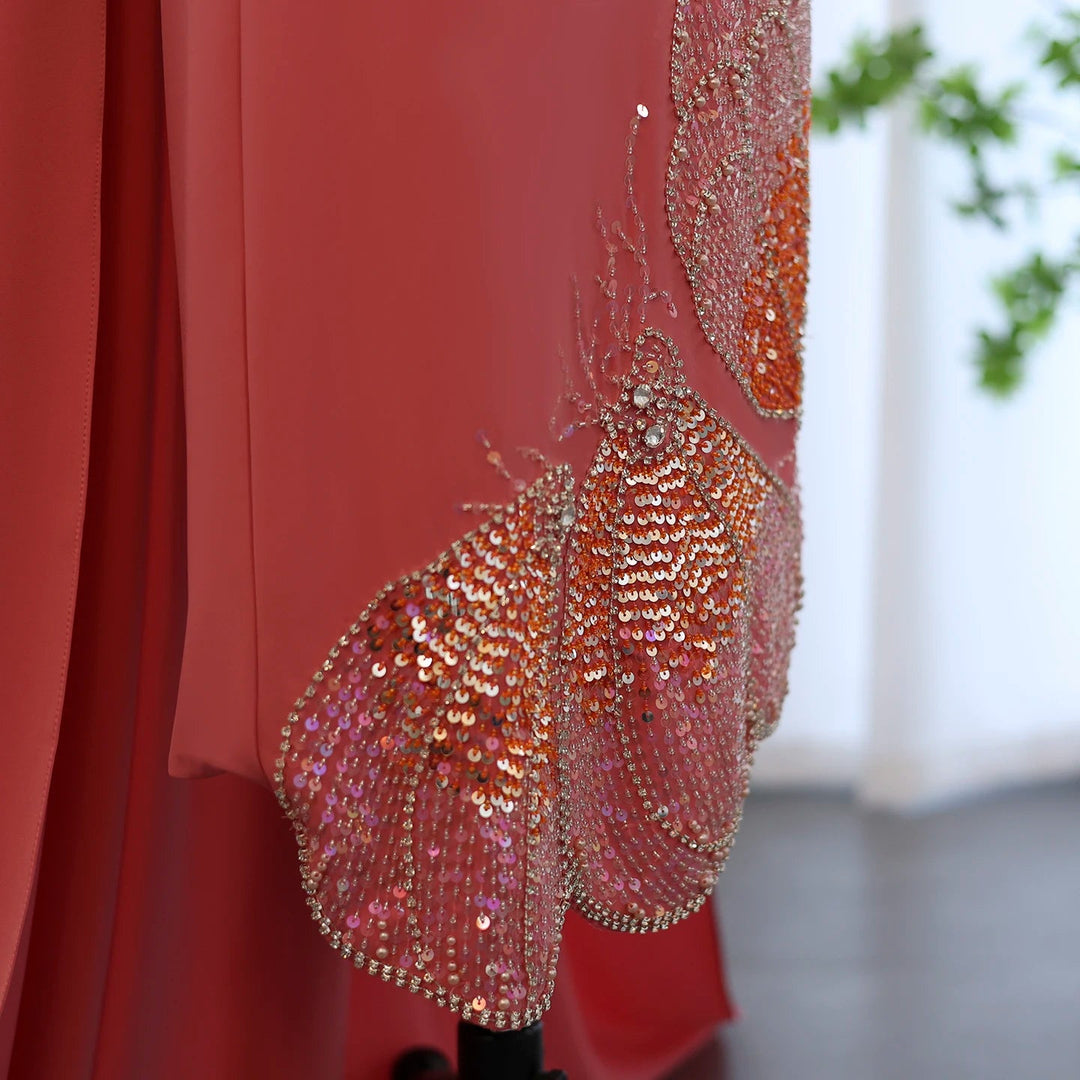 Elegant Coral Pink Scalloped Arabic Evening Dress SS471