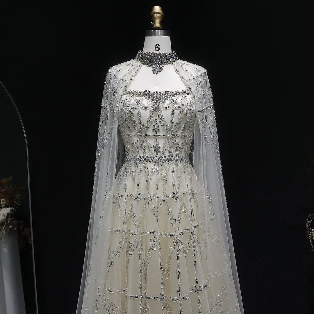 Elegant Cream Heavy Beaded Cape Evening Dress SS486-DreamyVow