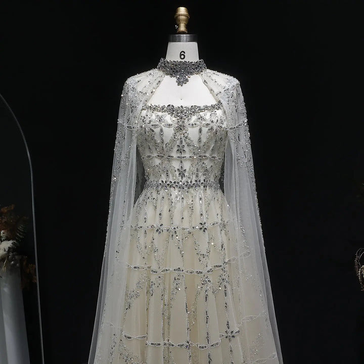Elegant Cream Heavy Beaded Cape Evening Dress SS486-DreamyVow