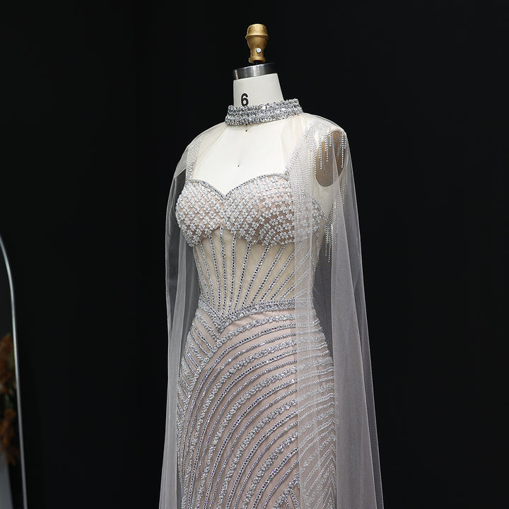 Elegant Crystal Lilac Evening Dress with Cape SS070