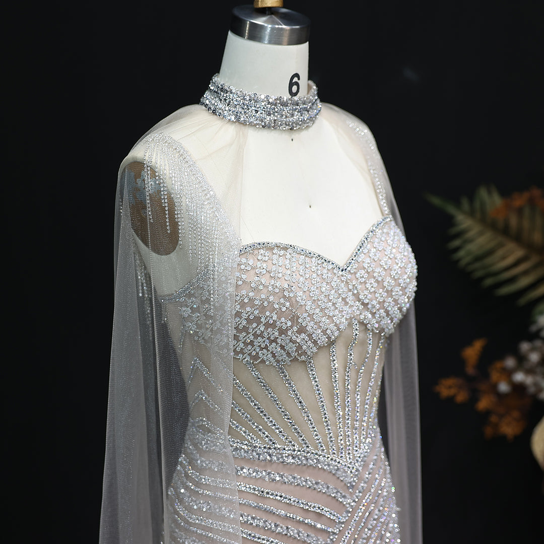 Elegant Crystal Lilac Evening Dress with Cape SS070
